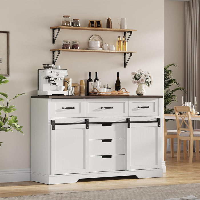 47.2 in Farmhouse Buffet Cabinet, Sideboard Cabinet with 6 Drawers, White Coffee Bar with Sliding Barn Doors for Dinning Room, Kitchen, Living Room