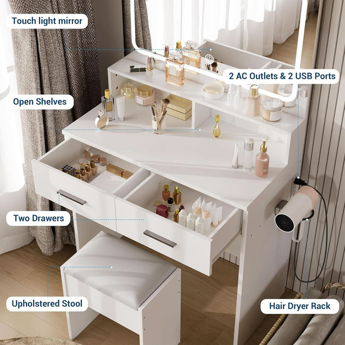 Vanity Desk with Mirror and Lights, 3 Color Modes Makeup Vanity with Cushioned Stool, 2 Drawers & Charging Station, Modern Dressing Table for Bedroom, Makeup Studio, White