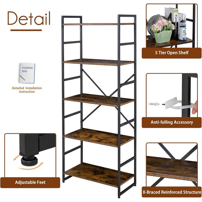 2 Pieces 5 Tiers Bookshelf, Classically Tall Bookcase Shelf, Industrial Book Rack, Modern Book Holder in Bedroom/Living Room/Home/Office, Storage Rack Shelves for Books/Movies-Rustic Brown