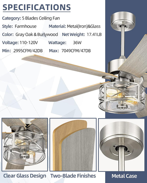 Farmhouse Ceiling Fans, 48 Inch Industrial Ceiling Fan with Light and Remote Control, Clear Glass, 5-Reversible Blades with Gray Oak/Burlywood Finish, 52-YJ632-BN