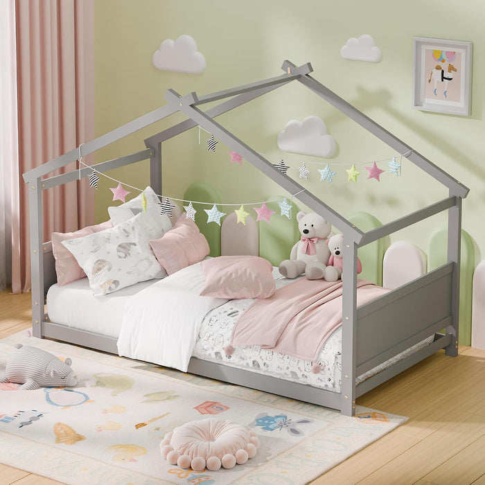 Grey 81InchLength Solid Pine TwinHouseBed Montessori