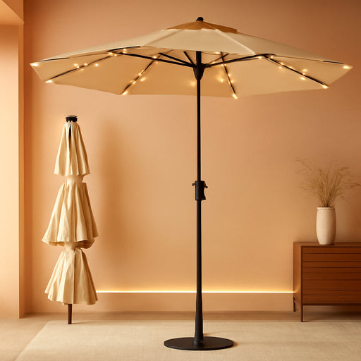 9FT 3-Tier Solar Patio Umbrella Heavy Duty, Vented Market Table Umbrella Windproof with 32 LED Lights, UPF50+, 5-Year Fade Resistant, 8 Thicker Ribs for Pool, Lawn, Garden, Deck (Beige,No Base)