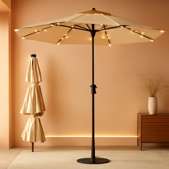 9FT 3-Tier Solar Patio Umbrella Heavy Duty, Vented Market Table Umbrella Windproof with 32 LED Lights, UPF50+, 5-Year Fade Resistant, 8 Thicker Ribs for Pool, Lawn, Garden, Deck (Beige,No Base)