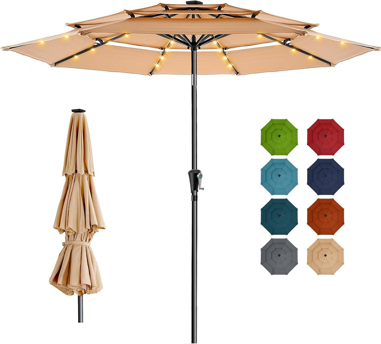 9FT 3-Tier Solar Patio Umbrella Heavy Duty, Vented Market Table Umbrella Windproof with 32 LED Lights, UPF50+, 5-Year Fade Resistant, 8 Thicker Ribs for Pool, Lawn, Garden, Deck (Beige,No Base)