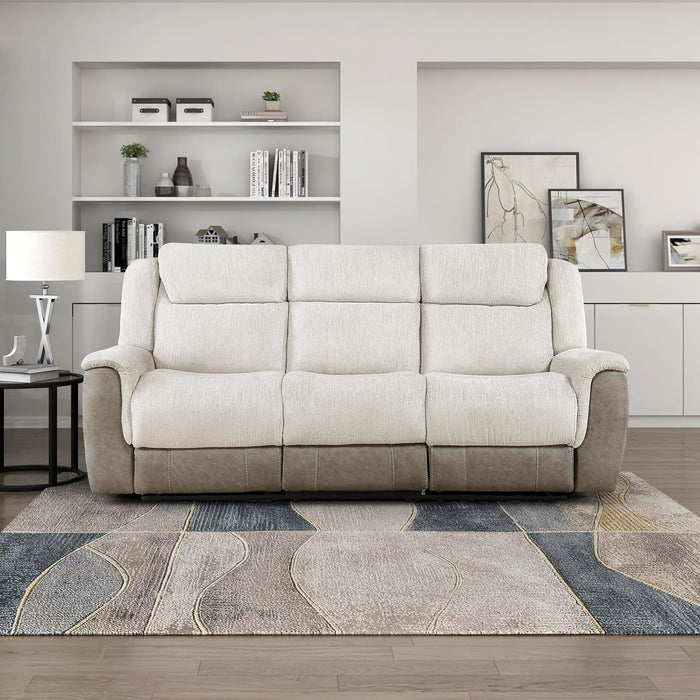 Mnul Reclining Sof for Living Room, Chenille Upholstery Double Recliner Couch Sof, Home Theter Seting, Wll Hugger, Pdded Hedrest, Required ssembly, Two-Tone Beige