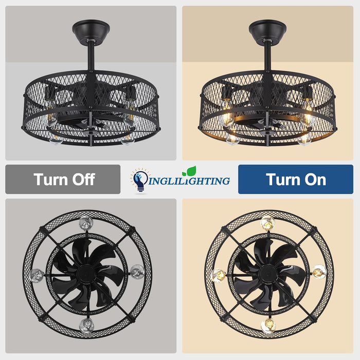 DLLT Caged Ceiling Fan with Light: 20" Farmhouse Fandelier with Lights and Remote & APP - Black Rustic Semi Flush Mount Bladeless Ceiling Fans Enclosed Fan for Bedroon Kitchen Living Dining Room