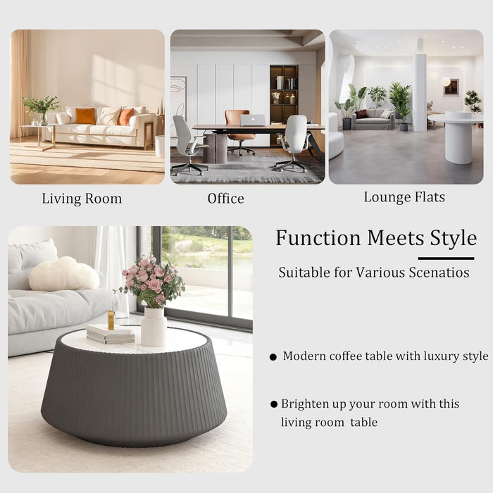 Grey round Coffee Table with Sintered Stone Tabletop, 26.77" Drum Coffee Table with Fluted PU Leather Covered and Stable Base, Circle Cocktail Tea Table for Living Room