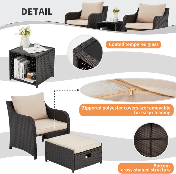 5 Piece Balcony Furniture, All Weather PE Wicker Rattan Patio Furniture Set, Cushioned Patio Chairs Set of 2 W/Ottoman&Table, Outdoor Lounge Chair for Lawn Pool Balcony, Khaki