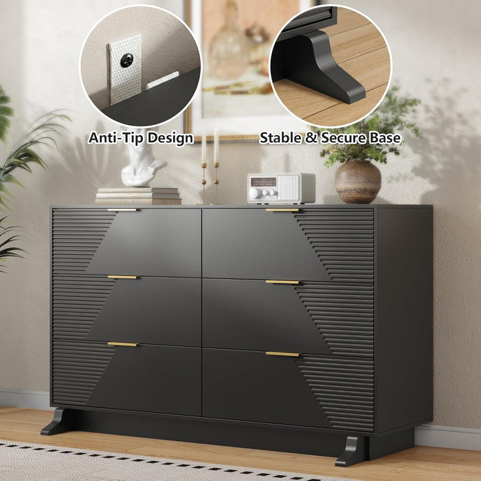 47.24" Wide Dresser for Bedroom, 6 Drawer Black Dresser with Fluted Design & Gold Metal Handle, Chest of Drawers Dressers with Sturdy Base, Wood Dressers for Bedroom, Living Room, Hallway