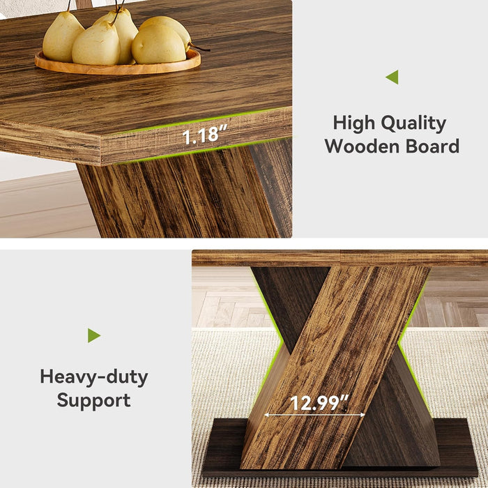 55-Inch Dining Table for 6, Wooden Rectangle Kitchen Table, Large Dining Room Tables, Industrial Dinner Table with Heavy Duty Pedestal, Rustic Brown