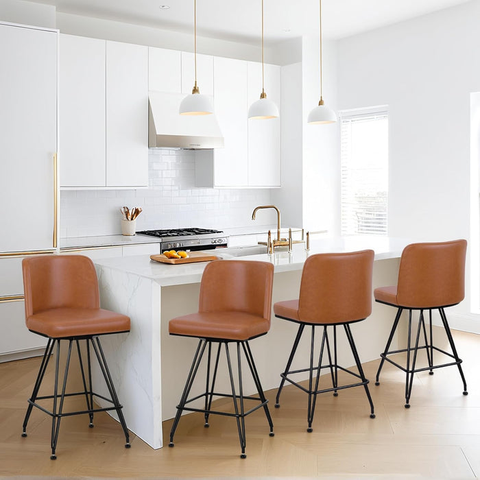 Swivel Bar Stools Set of 4, 26 Inch Counter Height Barstools, Faux Leather Bar Stool with Backs and Solid Metal Legs, Industrial Heavy Duty Counter Stools for Kitchen Island, Pub, Brown