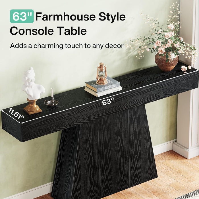 63" Black Console Table, Farmhouse Entryway Table with Trapezoidal Base, Narrow Long Wood Sofa Table behind Couch Table for Entrance, Hallway, Living Room, Black
