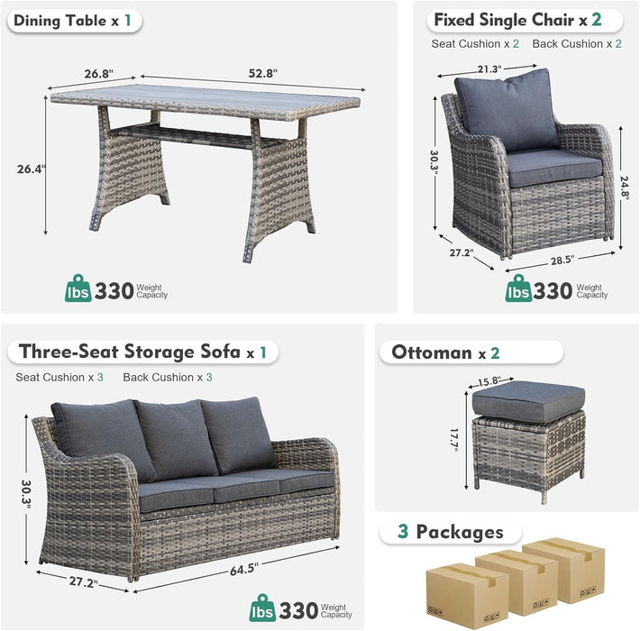 6 Pieces Outdoor Patio Furniture Set, Wicker Patio Conversation Set, Patio Sectional Furniture Set with 2 Single Chair and Sofa, 2 Ottomans and Dining Table (Grey)