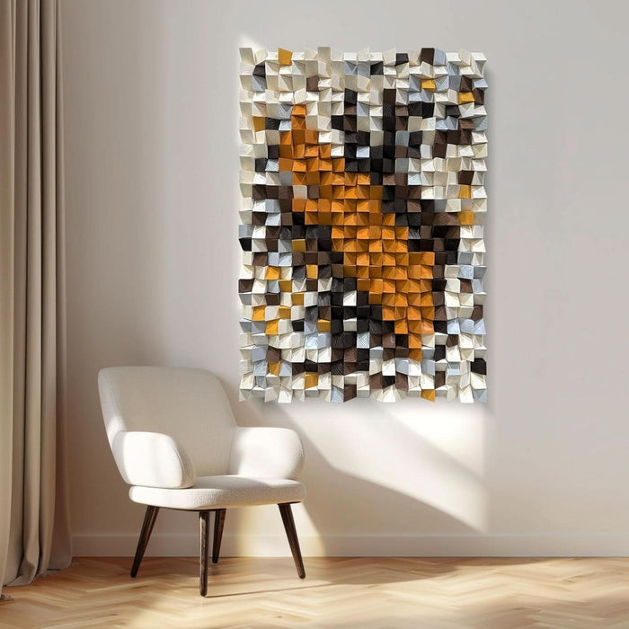 Orange and White​​ Mosaic Wall Art Wood Wall Art Wooden Wall Decor Large Wall Decor Creative Wood Block Decorative Painting for Office Living Room 27.6" X 39.4"
