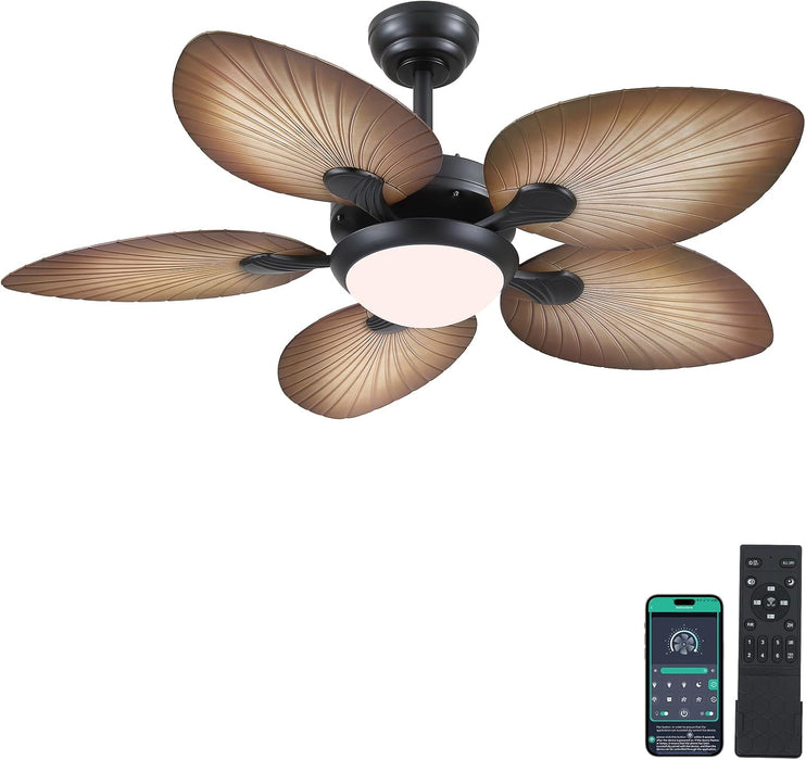Tropical Ceiling Fans with Lights and Remote/App Control, 44 Inch Palm Leaf Ceiling Fan with LED Lights, Outdoor Ceiling Fans for Patios Porch, Reversible Quiet Motor, Dimmable, Wood Grain