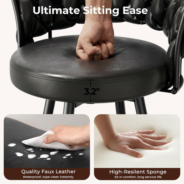 26" Counter Height Bar Stools Set of 3, Premium Faux Leather Barstools | Upholstered 360°Swivel Bar Chairs with Woven Backs Support & Heavy Duty Metal Legs for Kitchen Counter, Easy Assembly, Black