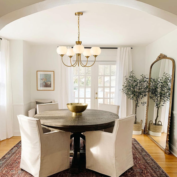 Goldtone Finish Five Lighting Milk Glass Chandelier