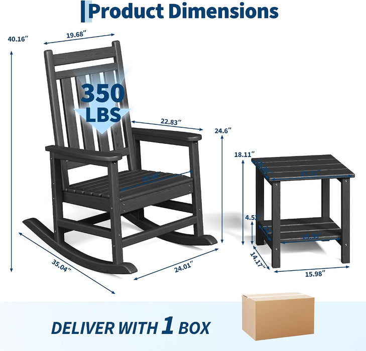 HDPE Rocking Chair Outdoor Set of 2 with Side Table, High Back Rocker