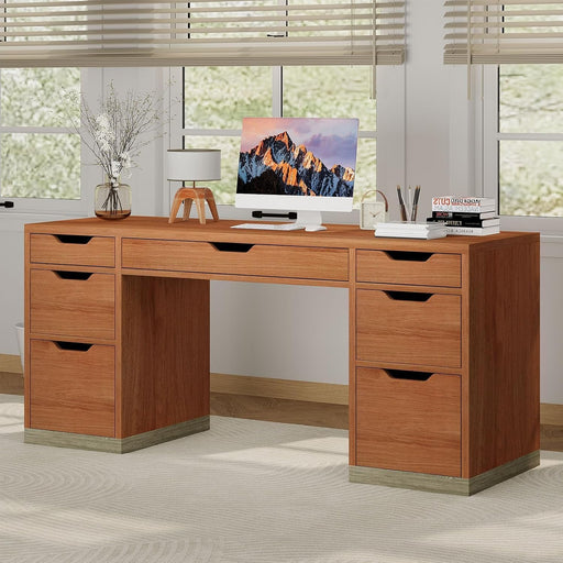 54Inch WalnutFinish ExecutiveDesk With Seven Drawers