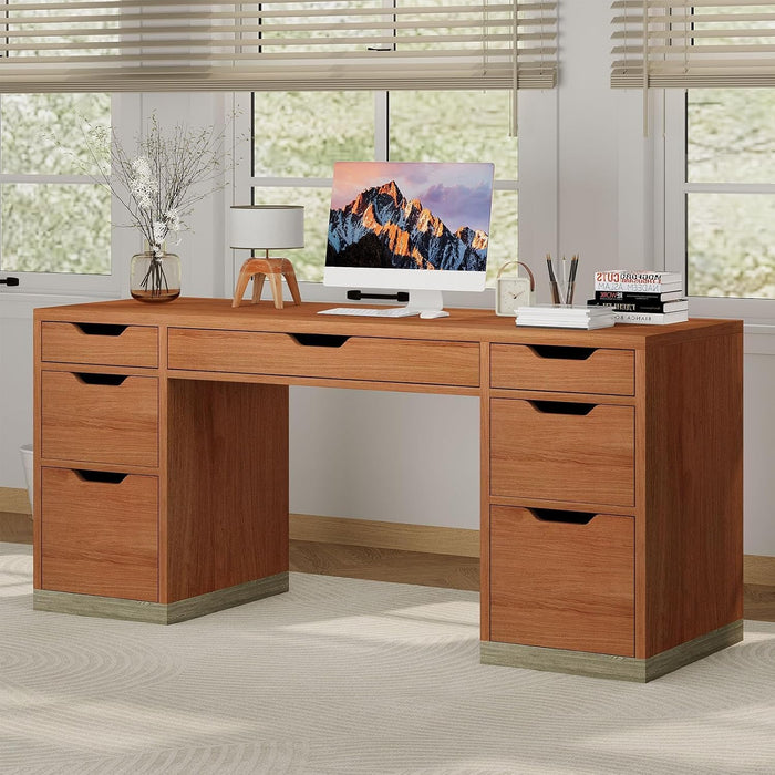 54Inch WalnutFinish ExecutiveDesk With Seven Drawers