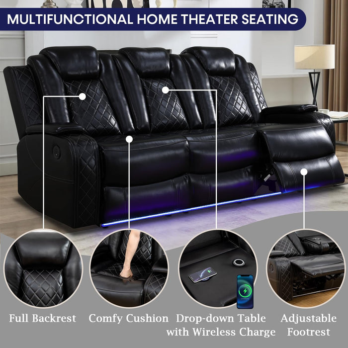 Power Recliner Sofa Set with LED Lights,Leather Reclining Sofa with USB Port/Wireless Charger/Storage Console/Cup Holder,3 Piece Reclining Living Room Set for House/Home Theater(3 Piece Set,Black)