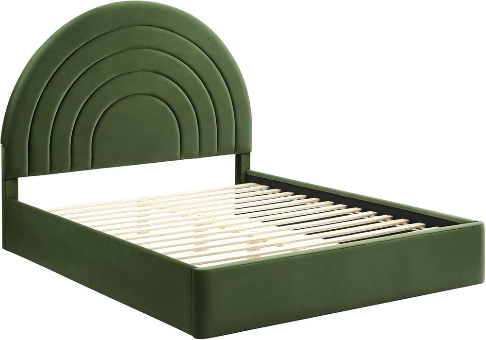 Solana Full Size Performance Velvet Platform Bed in Moss Green – Upholstered Double Bed Frame with Soft Arch Shaped Padded Headboard – Plinth Base Platform Bed Frame