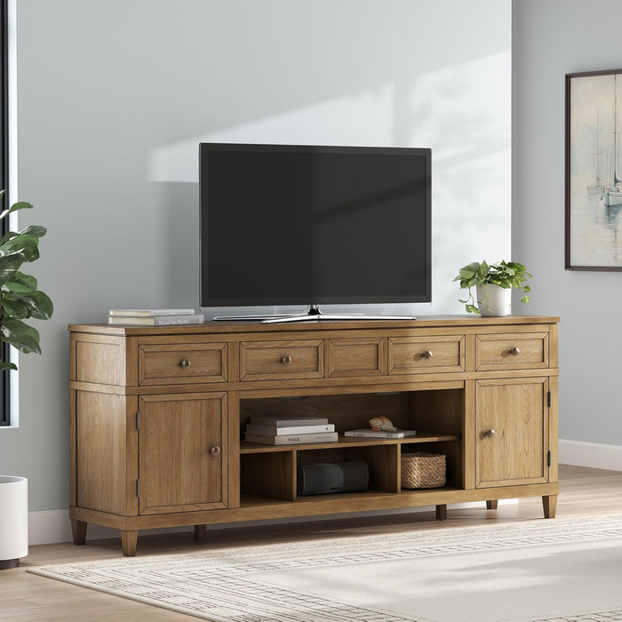 Sharlance Farmhouse 81" TV Stand for Tvs up to 93" with Adjustable Shelves and Wire Management, Light Brown