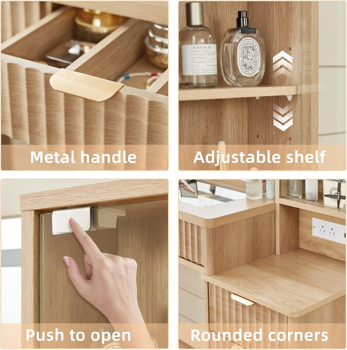 Vanity Desk with Mirror and Lights, 43.5'' Fluted Makeup Vanity with 6 Drawers and Adjustable Shelves, Natural Wood Make up Vanity Dressing Table with Glass Top and Power Outlet for Bedroom