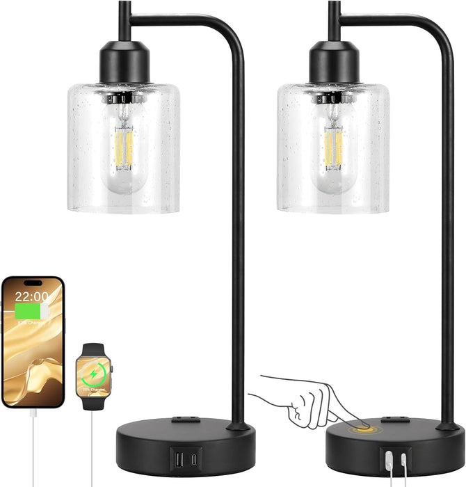 Industrial Touch Table Lamps for Bedrooms Set of 2 - 3-Way Dimmable Lamps with USB C+A Ports and Outlet, Black Bedside Lamps with Seeded Clear Glass Shade for Living Room, Desk Lamps for Home Office