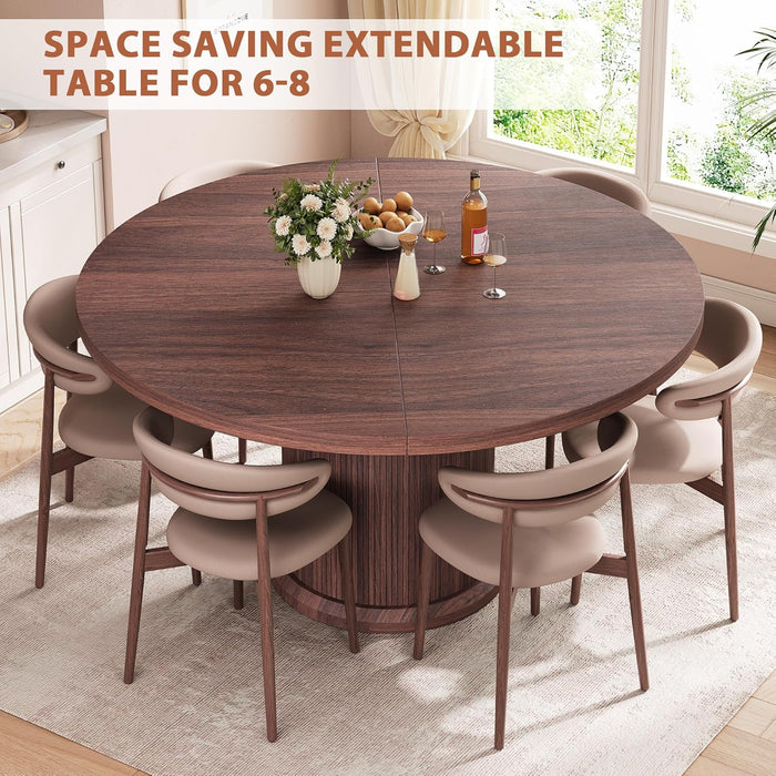 Dining Table for 4-6,63“Extendable round Kitchen Dining Room Table with 2-Tier Storage Shelf, Space Saving Expandable Wood Oval Circle Dinner Furniture with Pedestal Base (Brown)