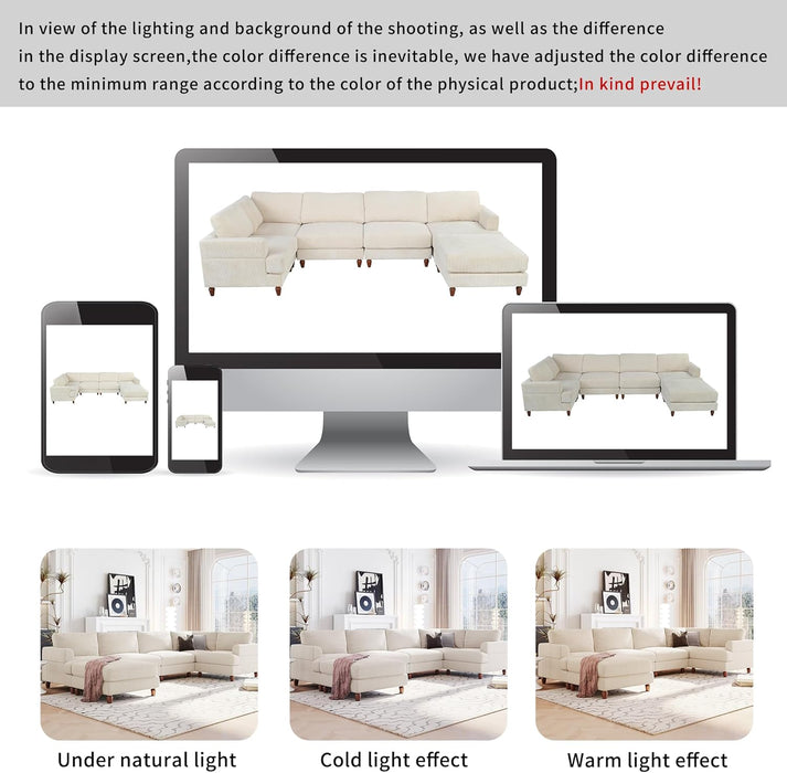 Large Sectional Sofa Couch with Ottoman for Living Room, L Shaped Corduroy Fabric Sofa Couch, 98" L Modular Corner Sectional Sofa for Spacious Space Office, Beige