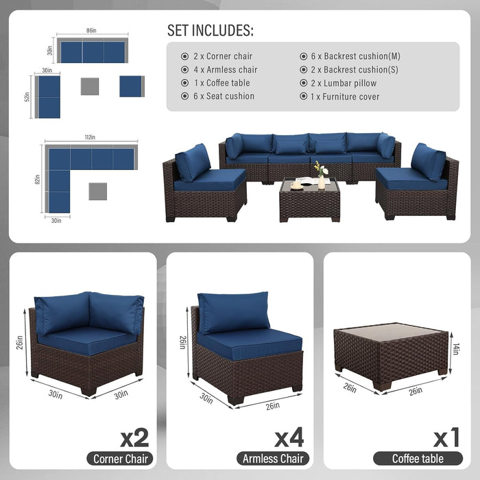 Outdoor Patio Furniture Set 7 Pieces Wicker Sectional Sofa Brown Rattan Conversation Couch with Coffee Table, Anti-Slip Thick Nave Blue Cushion