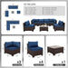 Outdoor Patio Furniture Set 7 Pieces Wicker Sectional Sofa Brown Rattan Conversation Couch with Coffee Table, Anti-Slip Thick Nave Blue Cushion