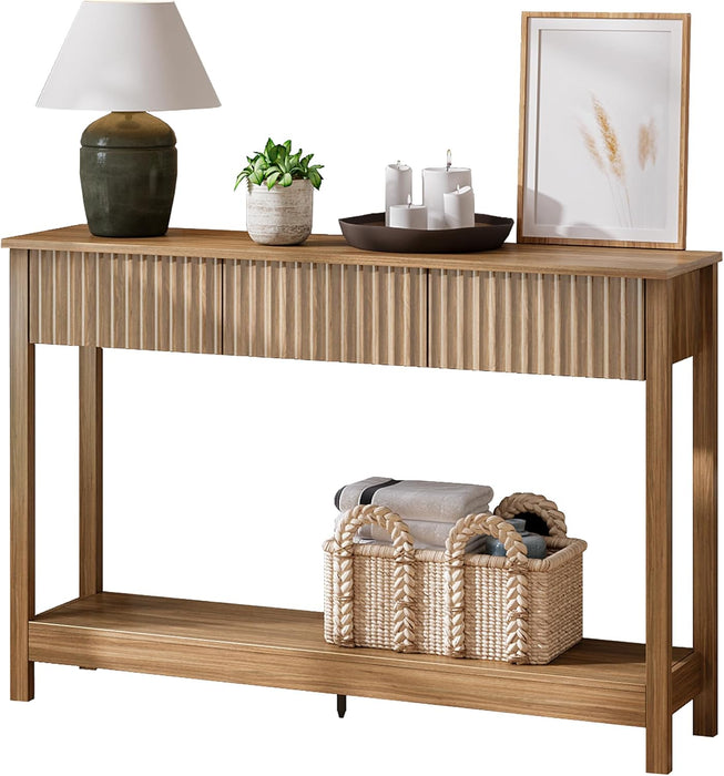 47" Console Table with Drawers, Fluted Narrow Entryway Table with Open Shelf, Farmhouse Sofa Table behind Couch for Hallway, Living Room, Brown