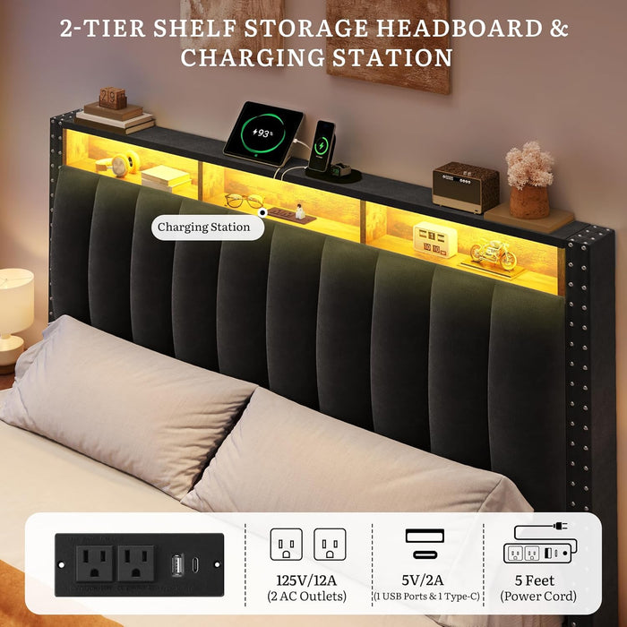 Queen Size Bed Frame with 4 Storage Drawers and RGB LED Lights, Velvet Upholstered Platform Bed with Charging Station and Bookcase Storage Headboard, No Box Spring Needed, Easy Assembly, Black