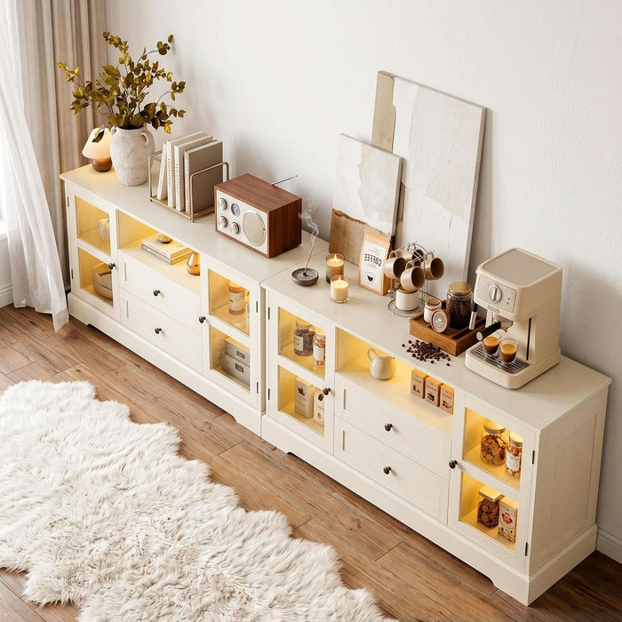 55" Buffet Cabinet with Storage & Power Outlet, Sideboard Cabinet with 2 Tempered Glass Doors, 2 Drawers, RGB Lighting & Adjustable Shelves, Coffee Bar Cabinet, Rustic White