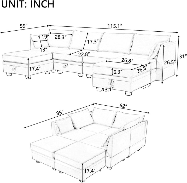 Large U-Shaped Combination Corner Sofa with Storage Seat, Modular Sectional Sofa with Reversible Chaise, for Living Room, Office, and Spacious Space, Light Green