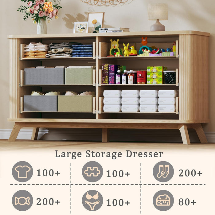 55" Wide Fluted 6 Drawers Dresser for Bedroom, Mid Century Modern Dresser & Chests of Drawers, Curved Profile Design, Dressers TV Stand, Wood Storage for Hallway, Entryway, Oak