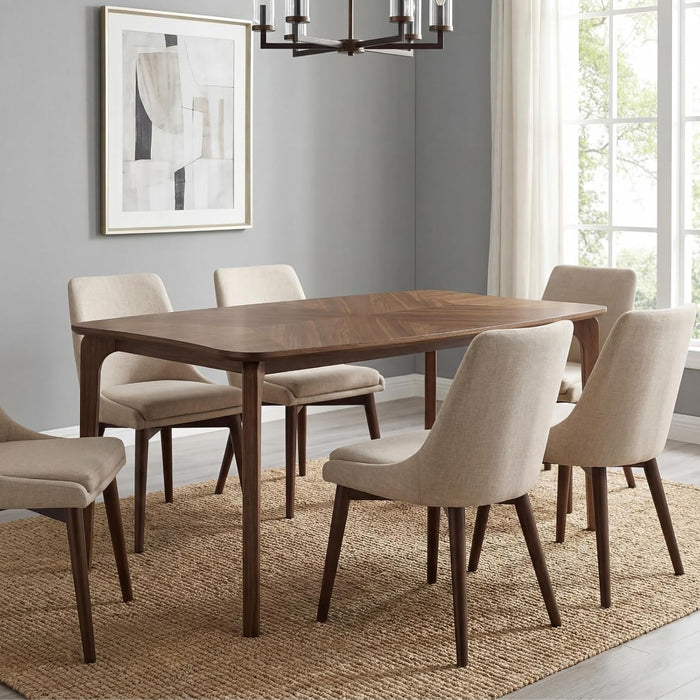 Mid-Century Modern Walnut Color Dining Table, 63" Rectangular Kitchen Table with Solid Wood Legs, Curved Edges, 6-Person Table for Dining Room Living Room Kitchen