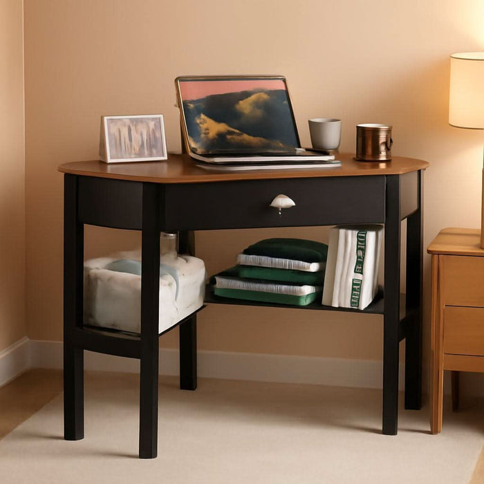 Corner Desk, Writing Corner Computer Table with Drawer for Small Space, Wood Makeup Vanity Desk, Small Corner Desk with Shelves, Office Study Workstation (Brown)