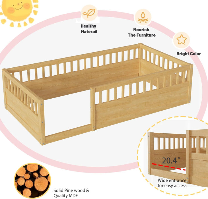 Floor Bed for Kids, Twin Size Montessori Bed with High Fence Railings, Wood Playhouse Bed with Rails for Baby Boys Girls Teens, No Slats Included, Natural