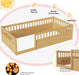 Floor Bed for Kids, Twin Size Montessori Bed with High Fence Railings, Wood Playhouse Bed with Rails for Baby Boys Girls Teens, No Slats Included, Natural