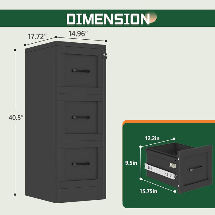 Metal 3 Drawer Vertical File Cabinet with Lock, Steel Lockable Filing Cabinet, Home Office Storage Cabinet Fits Letter A4 Legal Files, Anti-Tilt Full Extension Drawers for Document Organizer
