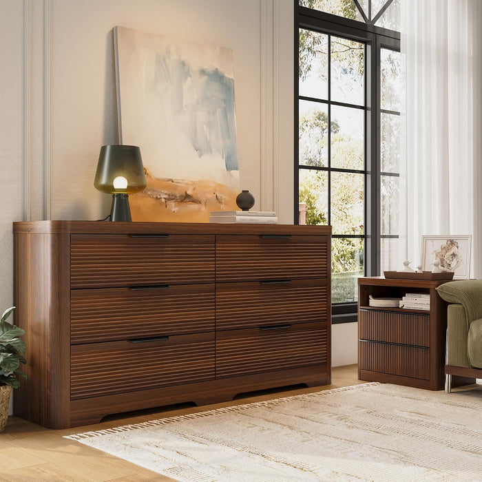 Fluted 6 Drawer Wood Dresser,Farmhouse Chest for Bedroom Entryway,Walnut