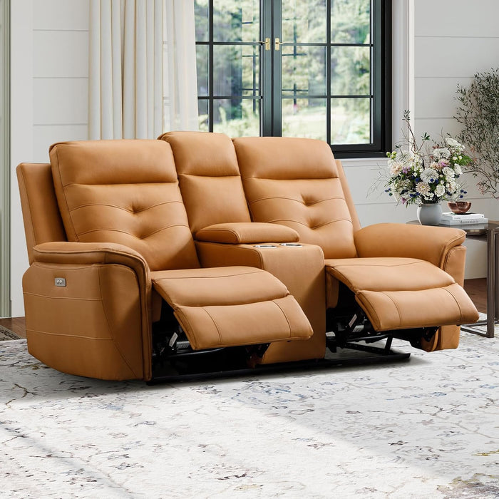 Power Loveseat Recliner Sofa for Adults, Breathable Faux Leather Double Reclining Loveseat Sofa with Console, Cup Holders and Hidden Storage, Electric Daul Recliner for Living Room, Brown