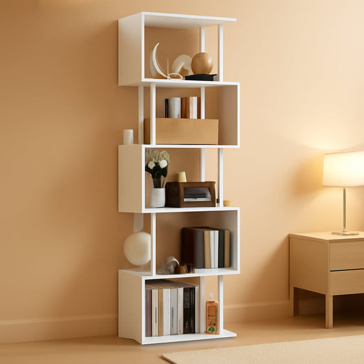 White Geometric Bookshelf 6 Tier S-Shaped Bookcase, Tall Modern Display Storage Shelf, Metal and Wood Decorative Freestanding Room Divider Shelves for Bedroom, Living Room, Office