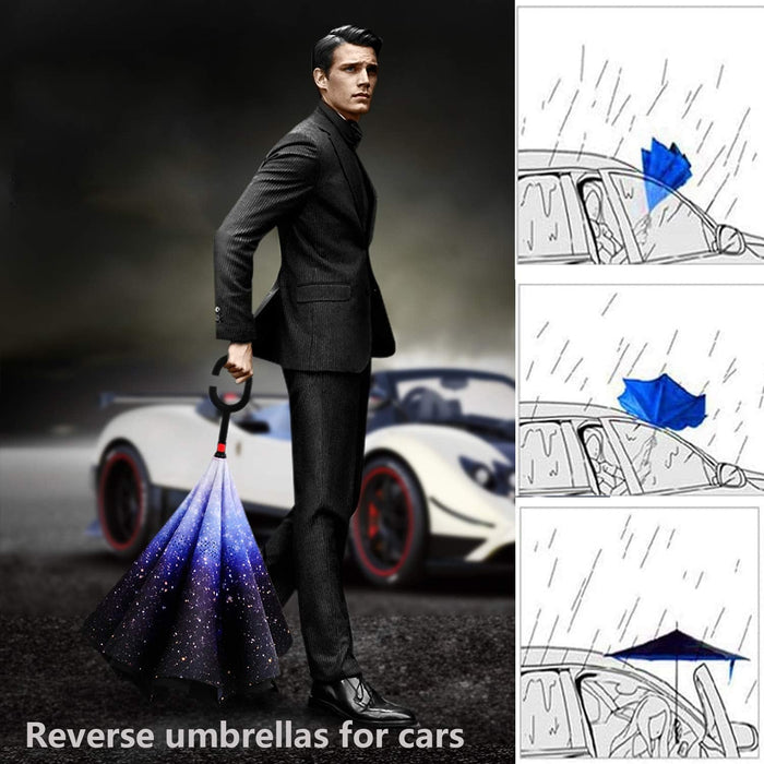 49/56 Inch Inverted Reverse Upside down Umbrella, Extra Large Double Canopy Vented Windproof Waterproof Stick Golf Umbrellas with C-Shape Handle.