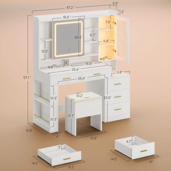 Makeup Vanity Desk with Sliding LED Lighted Mirror, 47.2"W Large Vanity Desk with Drawers, Shelves and Side Storage, RGB Glass Cabinet, White Vanity Table Set with Charging Station for Bedroom