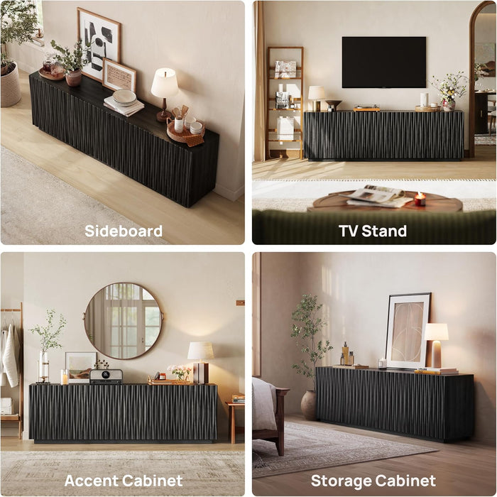 70" Fluted Mid Century Modern Sideboard Buffet Cabinet with Storage, Black