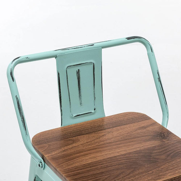 Bar Stools Set of 4, 24" Distressed Barstools, Green Blue | Metal Modern Industrial Counter Height Stools, Distressed, Wooden Seat, Footrest, Counter Height, Set of 4, 350 Lb